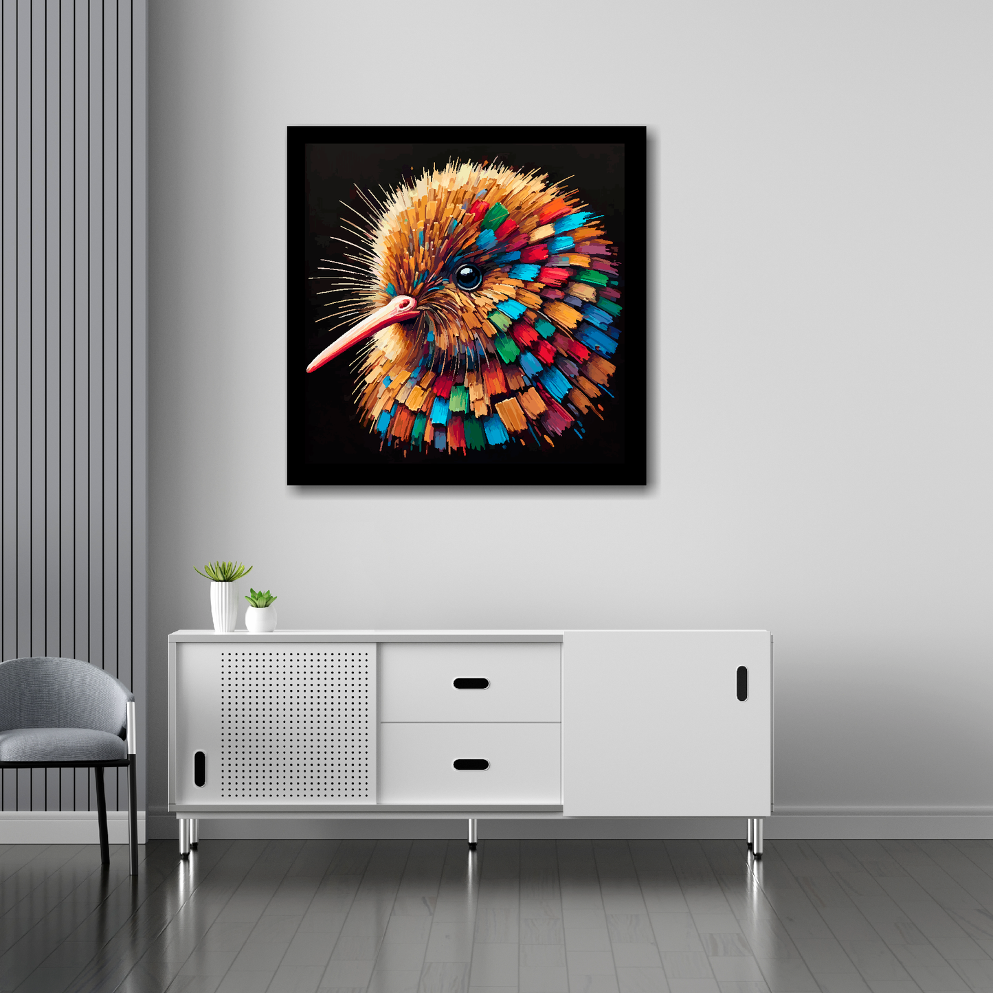 Kiwi canvas 30x30 inches above sideboard - large colourful bird portrait UK made