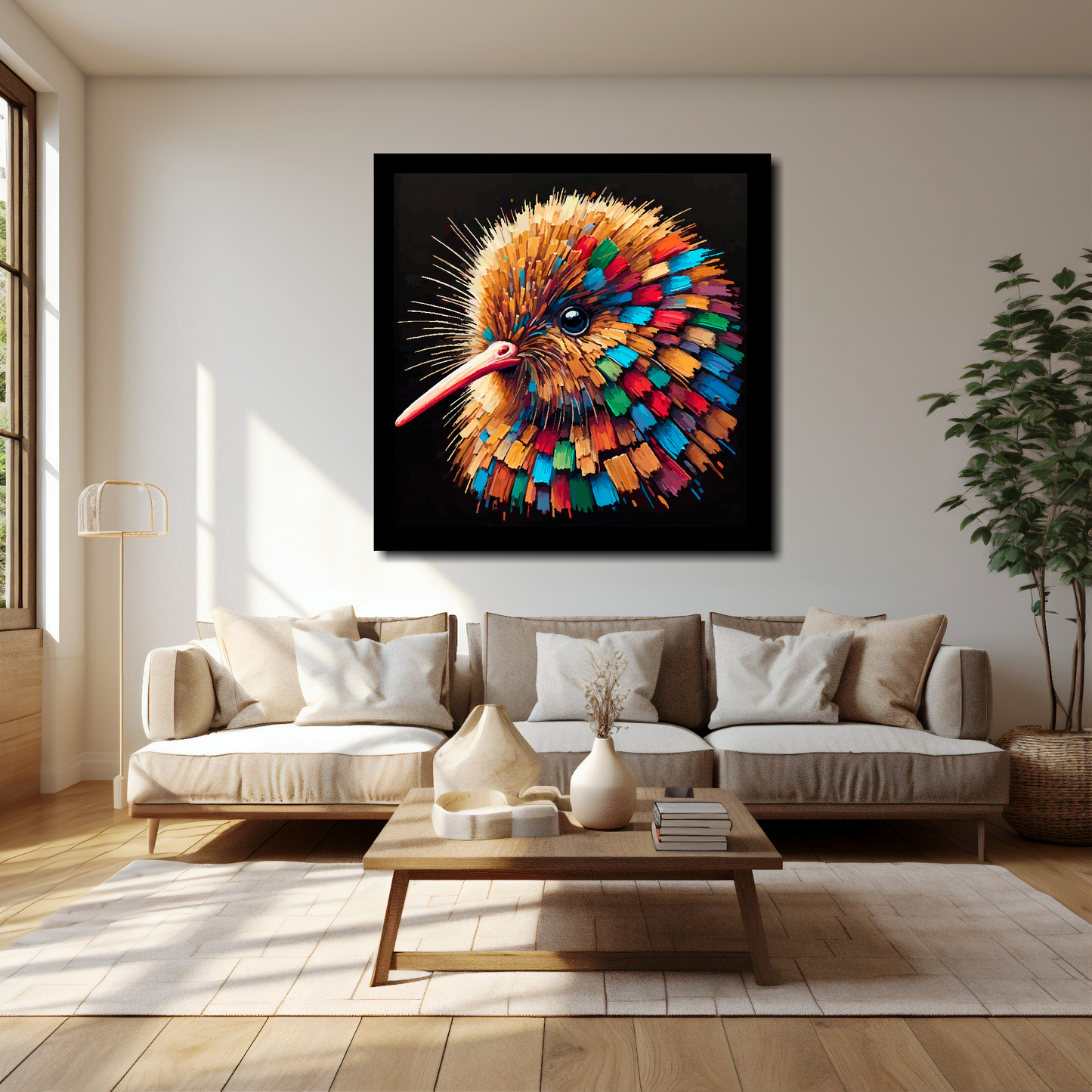 Kiwi canvas 40x40 inches above cream sofa - XL vibrant bird wall art UK