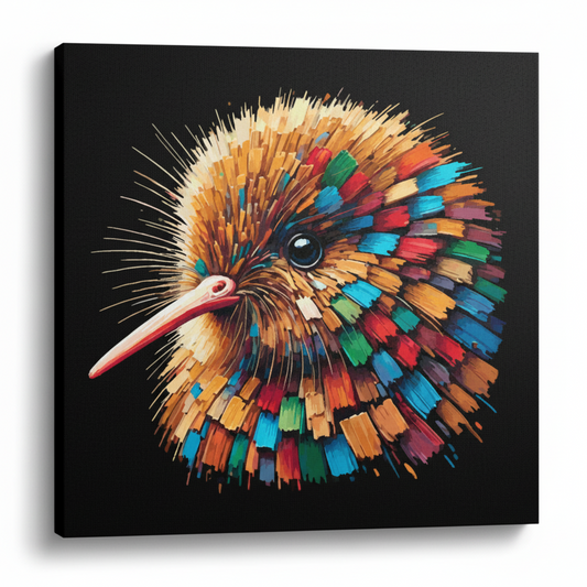 Colourful Kiwi bird portrait canvas print - UK made abstract wildlife wall art black background