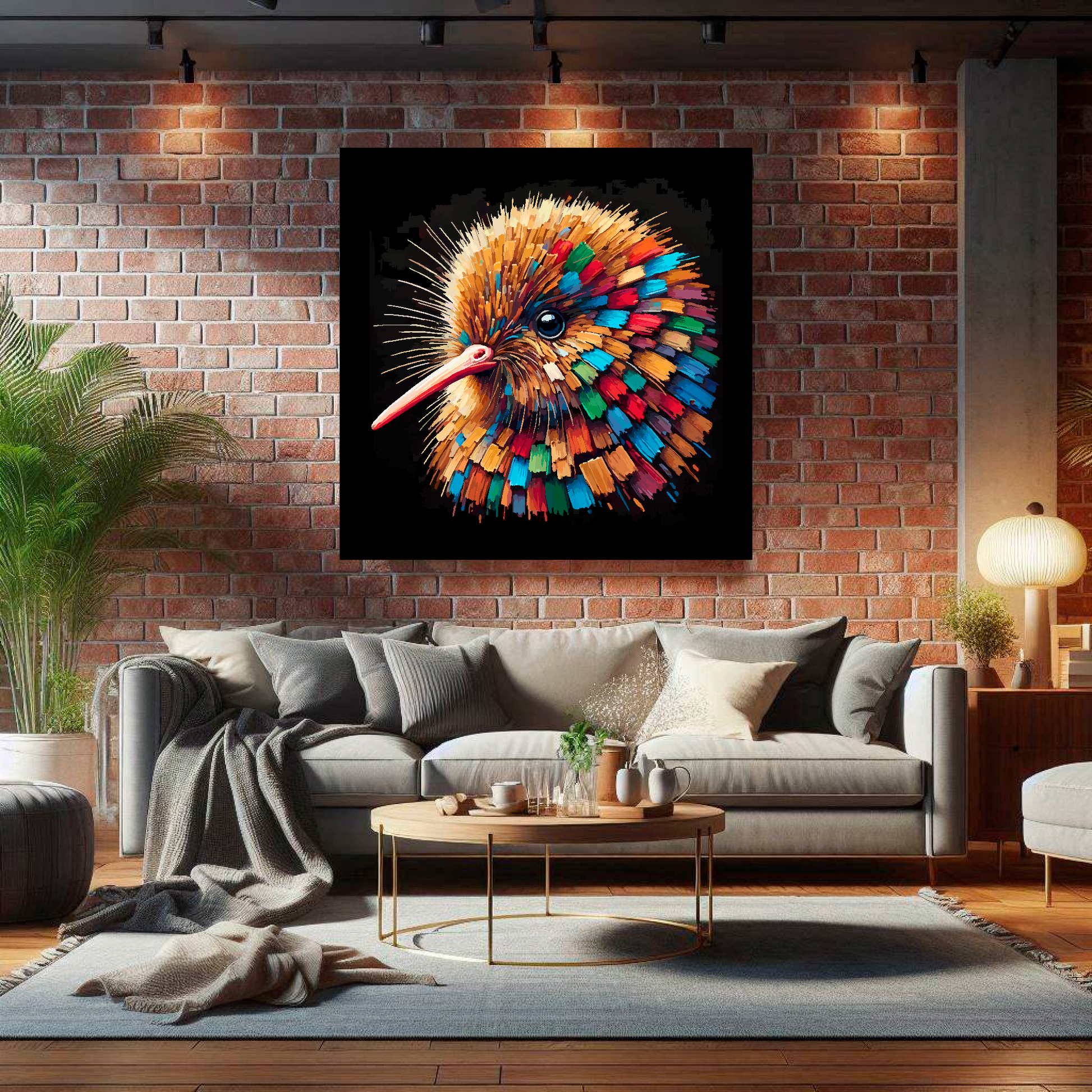 Large Kiwi canvas on brick wall above grey sofa - bold bird portrait UK living room