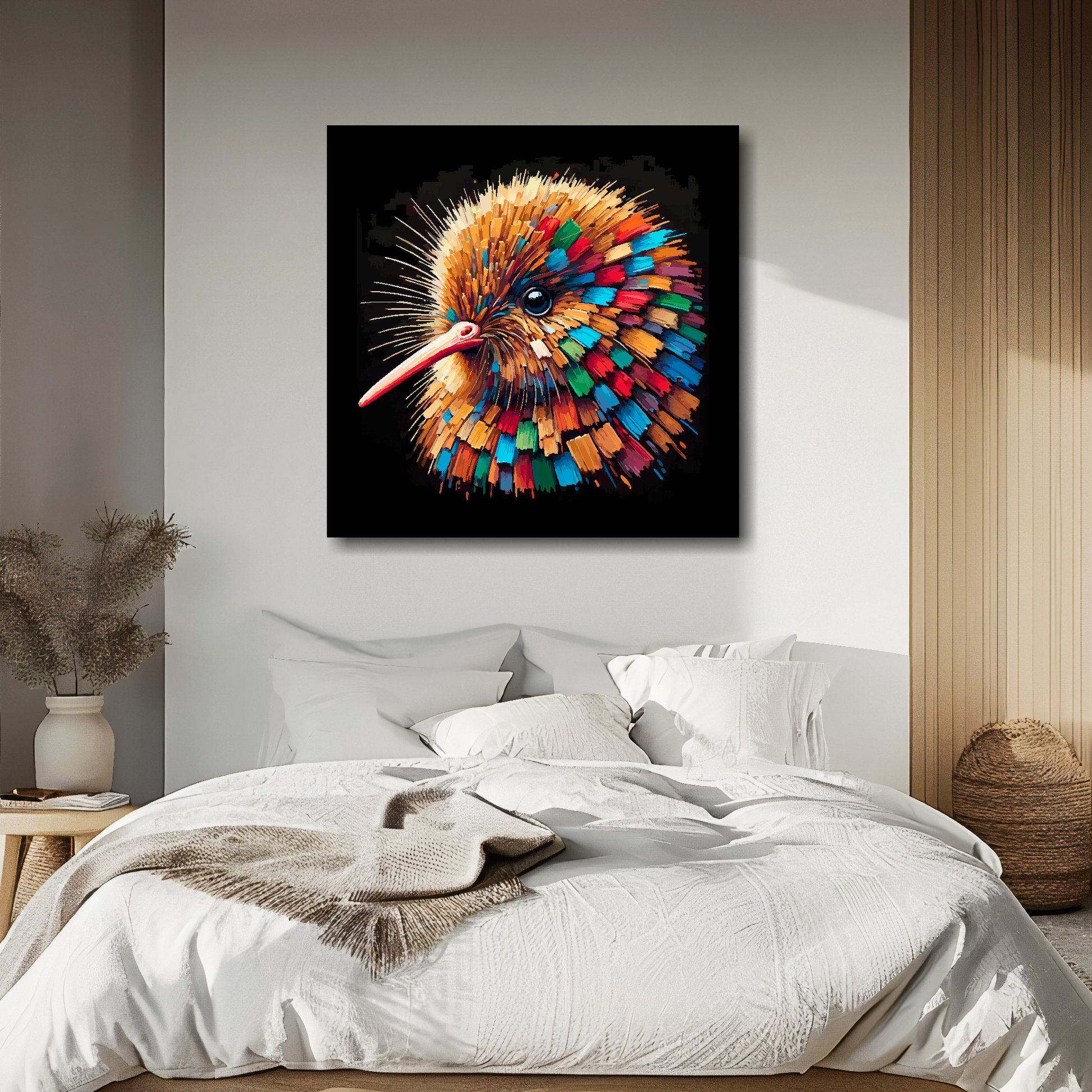 Kiwi portrait canvas above bed - colourful bird wall decor for UK bedrooms