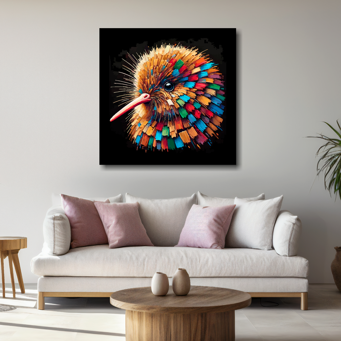 Large Kiwi canvas above white sofa - vibrant abstract bird portrait wall art UK