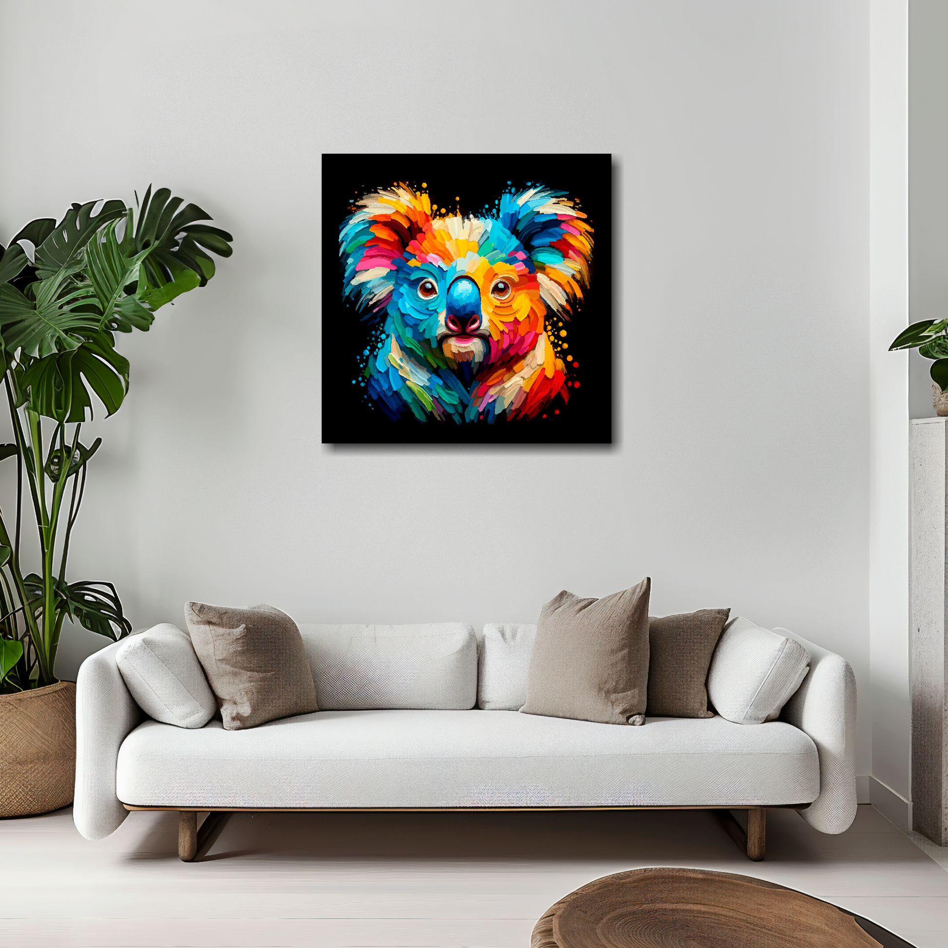 Koala Bear canvas 20x20 inches above white sofa - vibrant wildlife portrait wall art UK