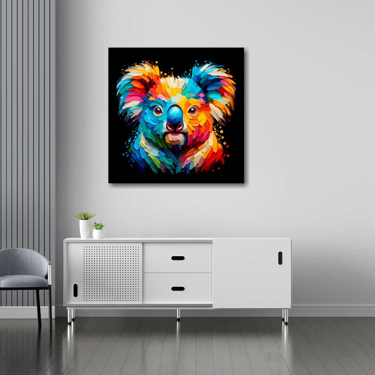 Koala Bear canvas 30x30 inches above sideboard - large colourful wildlife portrait UK made