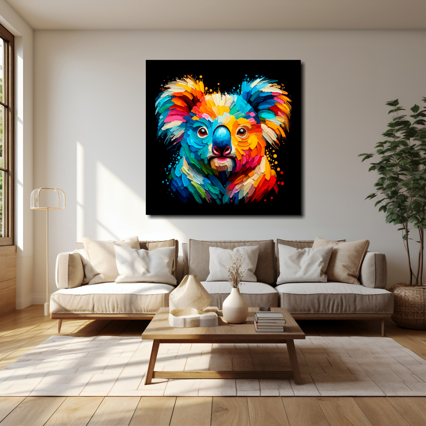 Koala Bear canvas 40x40 inches above cream sofa - XL vibrant wildlife wall art UK