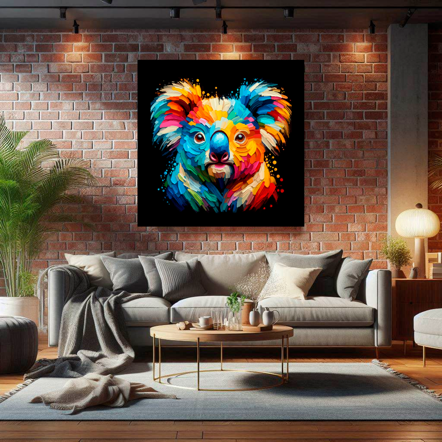 Large Koala Bear canvas on brick wall above grey sofa - bold wildlife portrait UK living room
