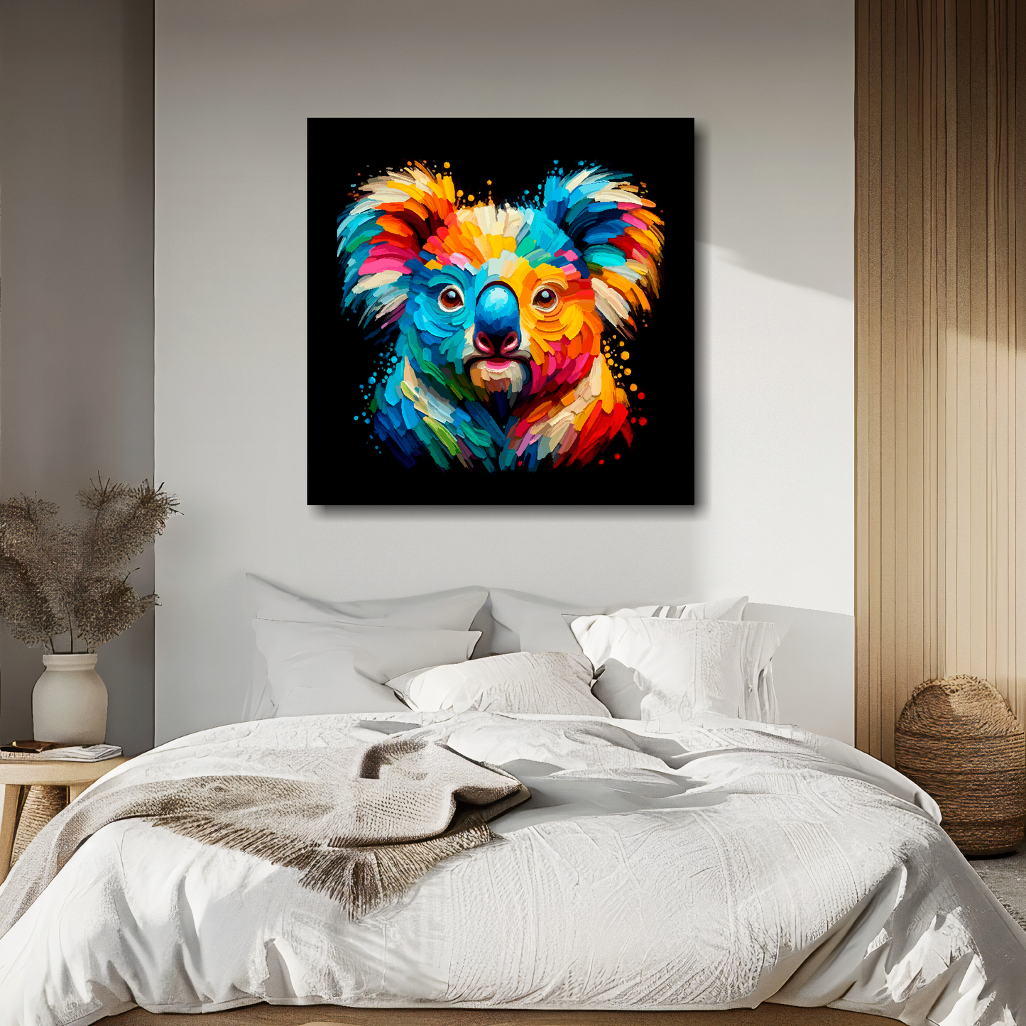 Koala Bear portrait canvas above bed - colourful wildlife wall decor for UK bedrooms