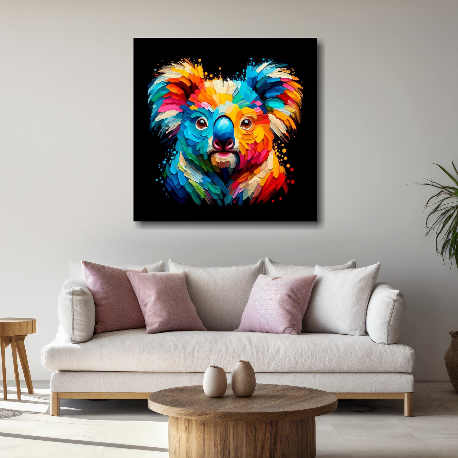 Large Koala Bear canvas above white sofa - vibrant abstract wildlife portrait wall art UK