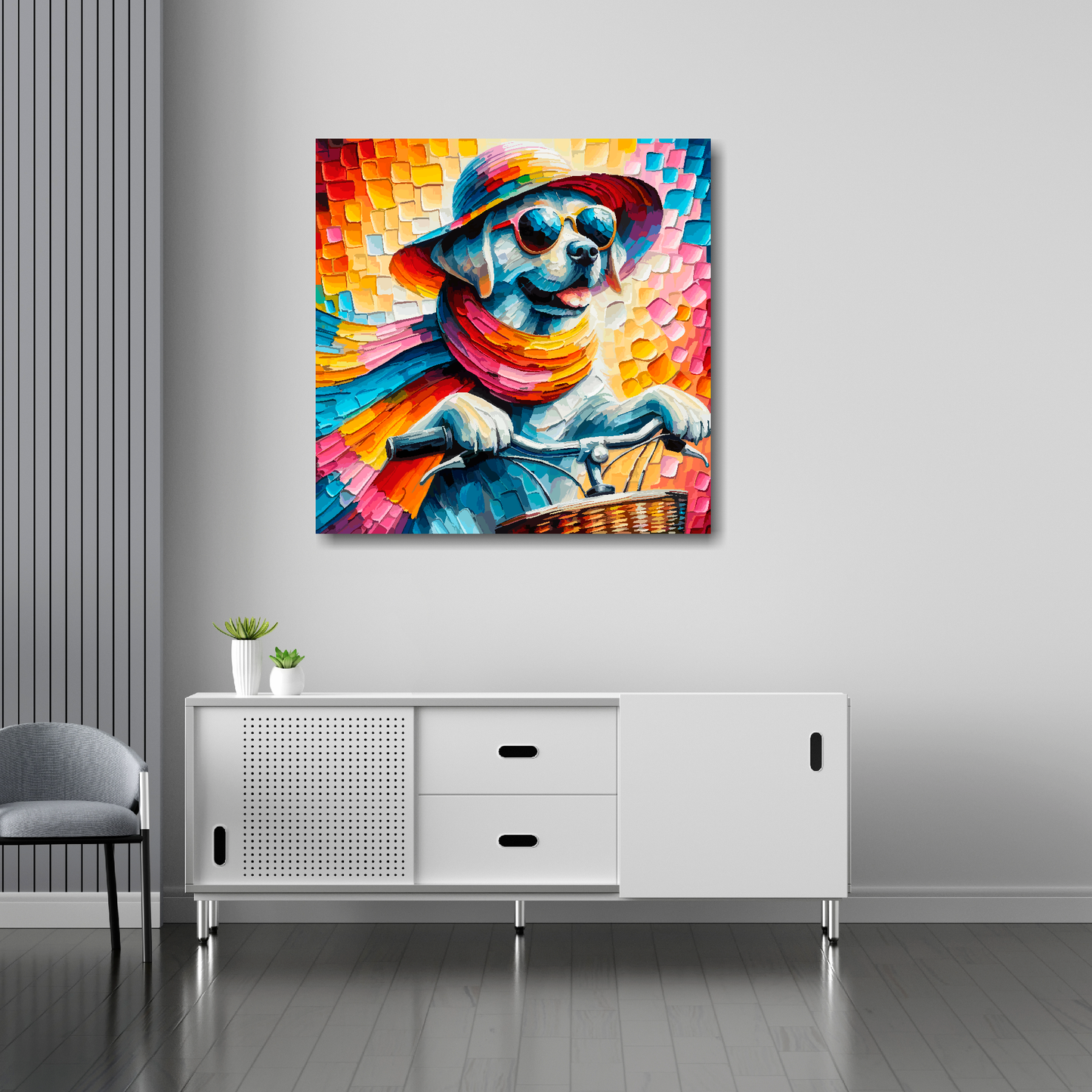 Lab on a bicycle canvas 30x30 inches above sideboard - large colourful whimsical art UK made