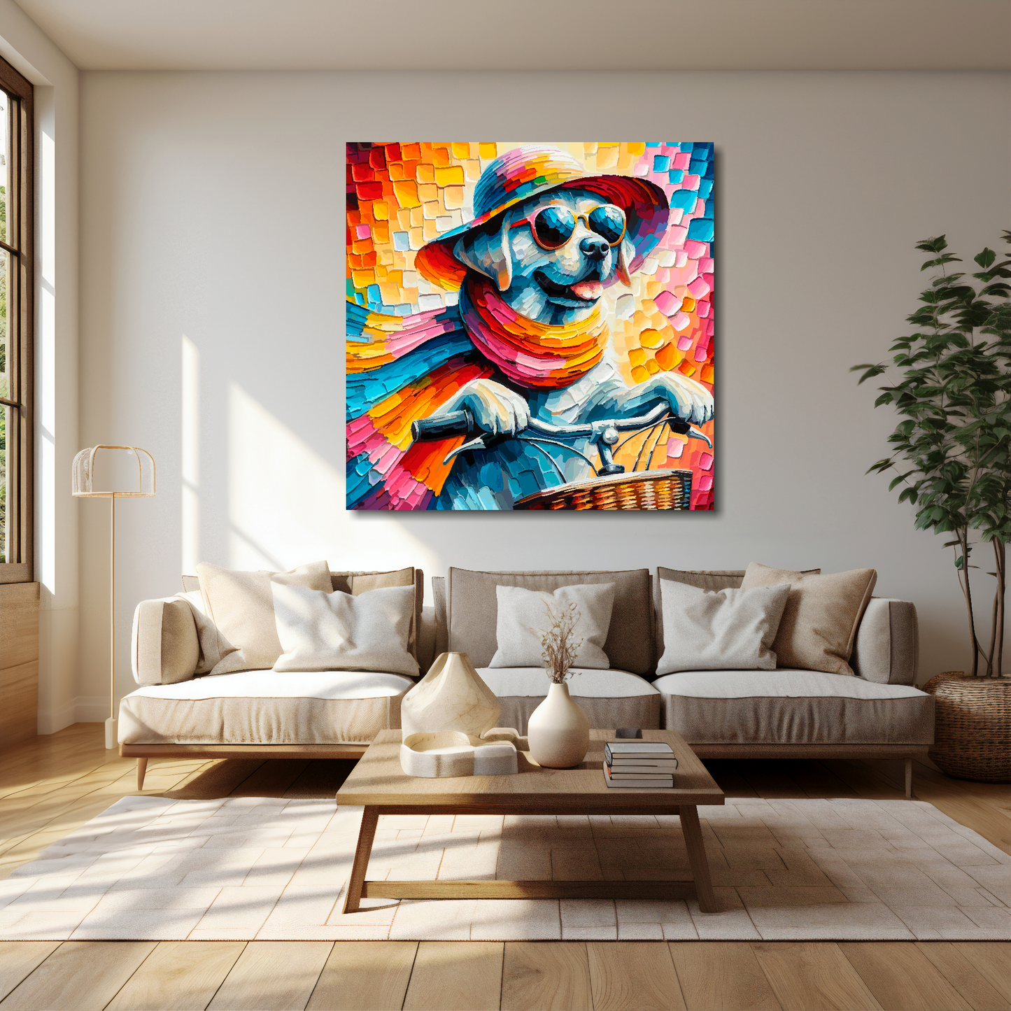 Lab on a bicycle canvas 40x40 inches above cream sofa - XL vibrant whimsical wall art UK