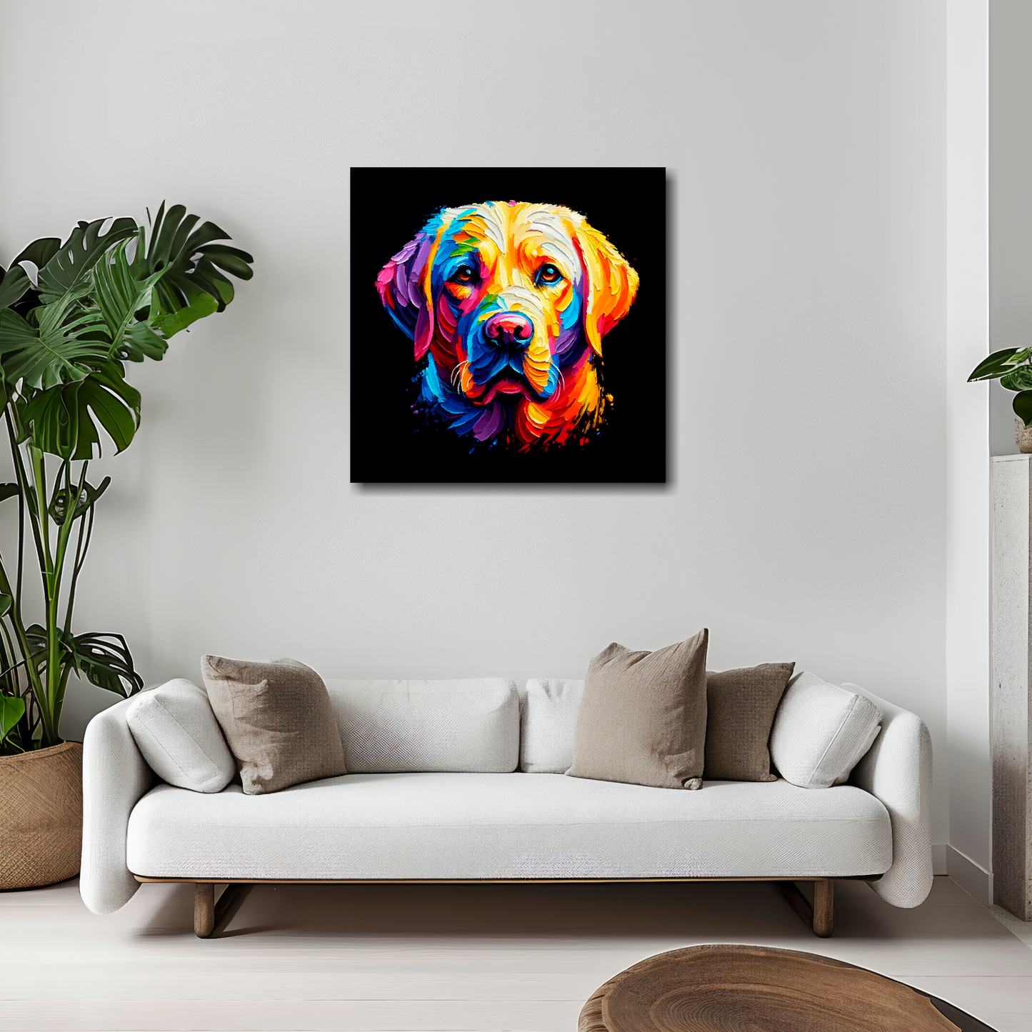 Labrador Retriever canvas 20x20 inches above white sofa - vibrant dog portrait wall art UK