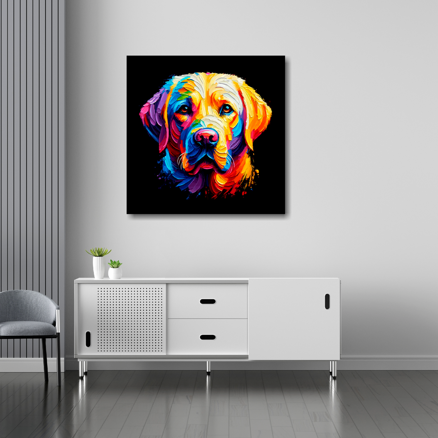 Labrador Retriever canvas 30x30 inches above sideboard - large colourful dog portrait UK made