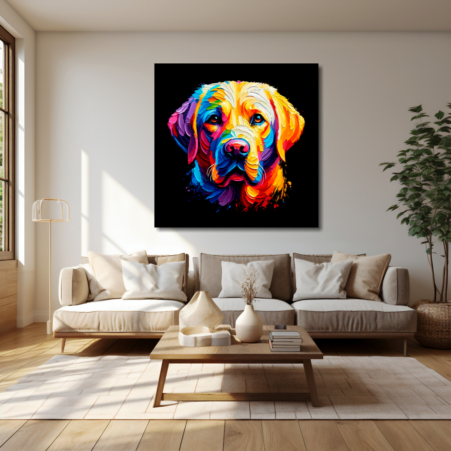 Labrador Retriever canvas 40x40 inches above cream sofa - XL vibrant dog wall art UK