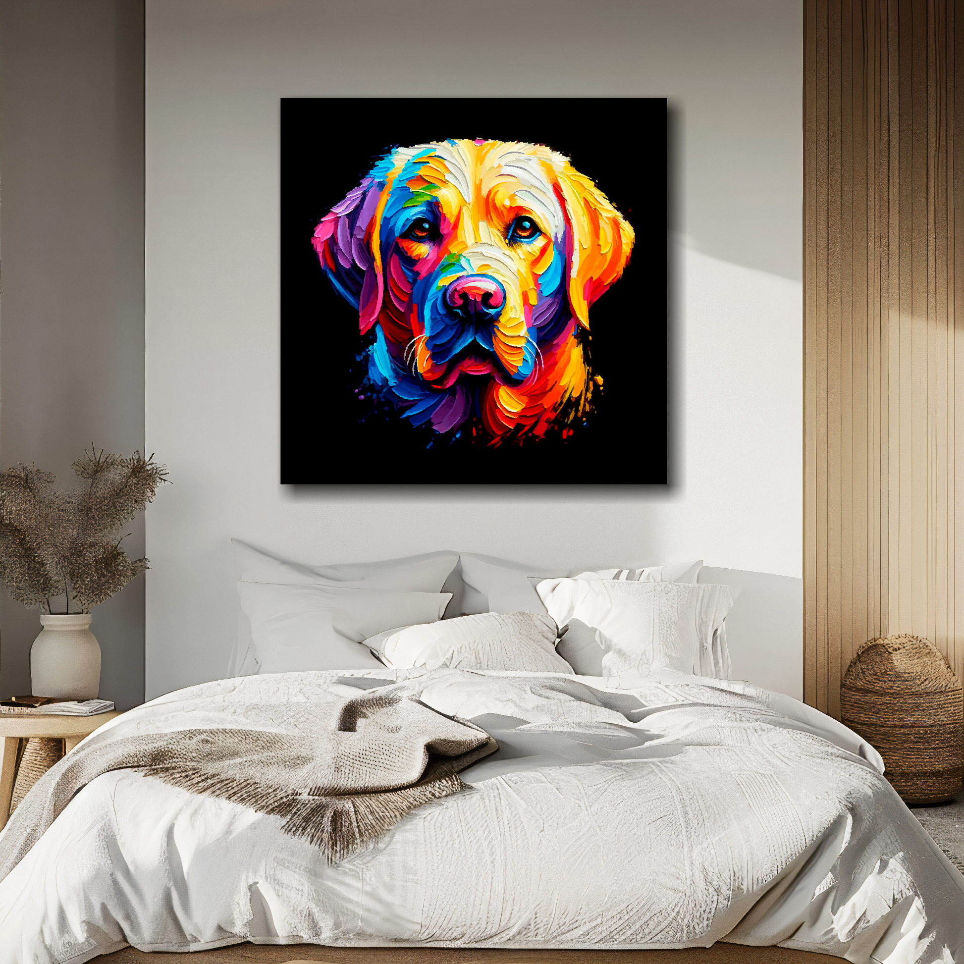 Labrador Retriever portrait canvas above bed - colourful dog wall decor for UK bedrooms