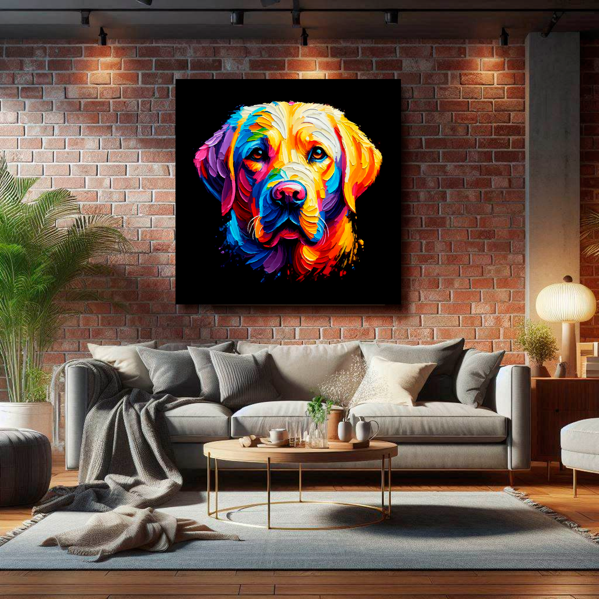 Large Labrador Retriever canvas on brick wall above grey sofa - bold dog portrait UK living room