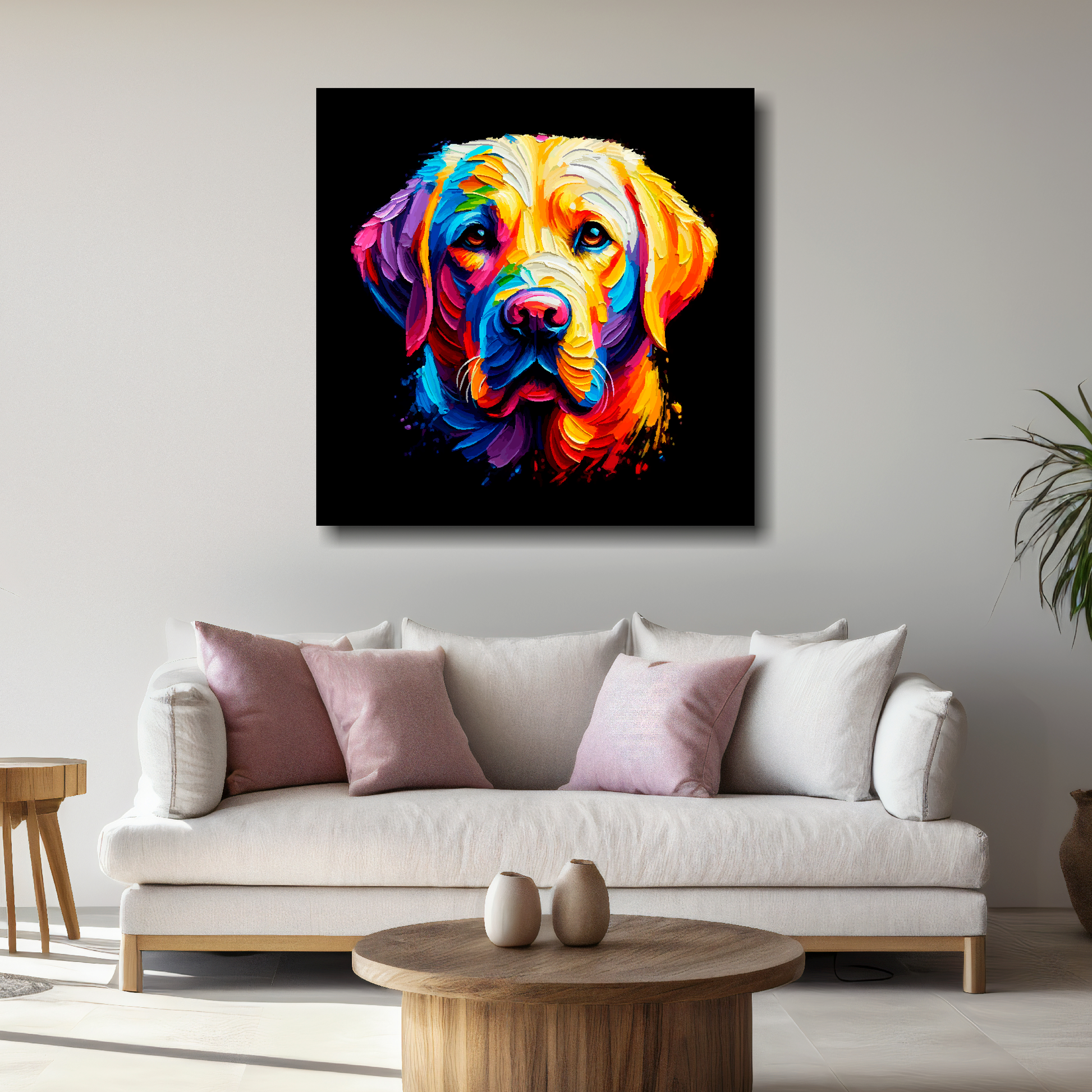 Large Labrador Retriever canvas above white sofa - vibrant abstract dog portrait wall art UK
