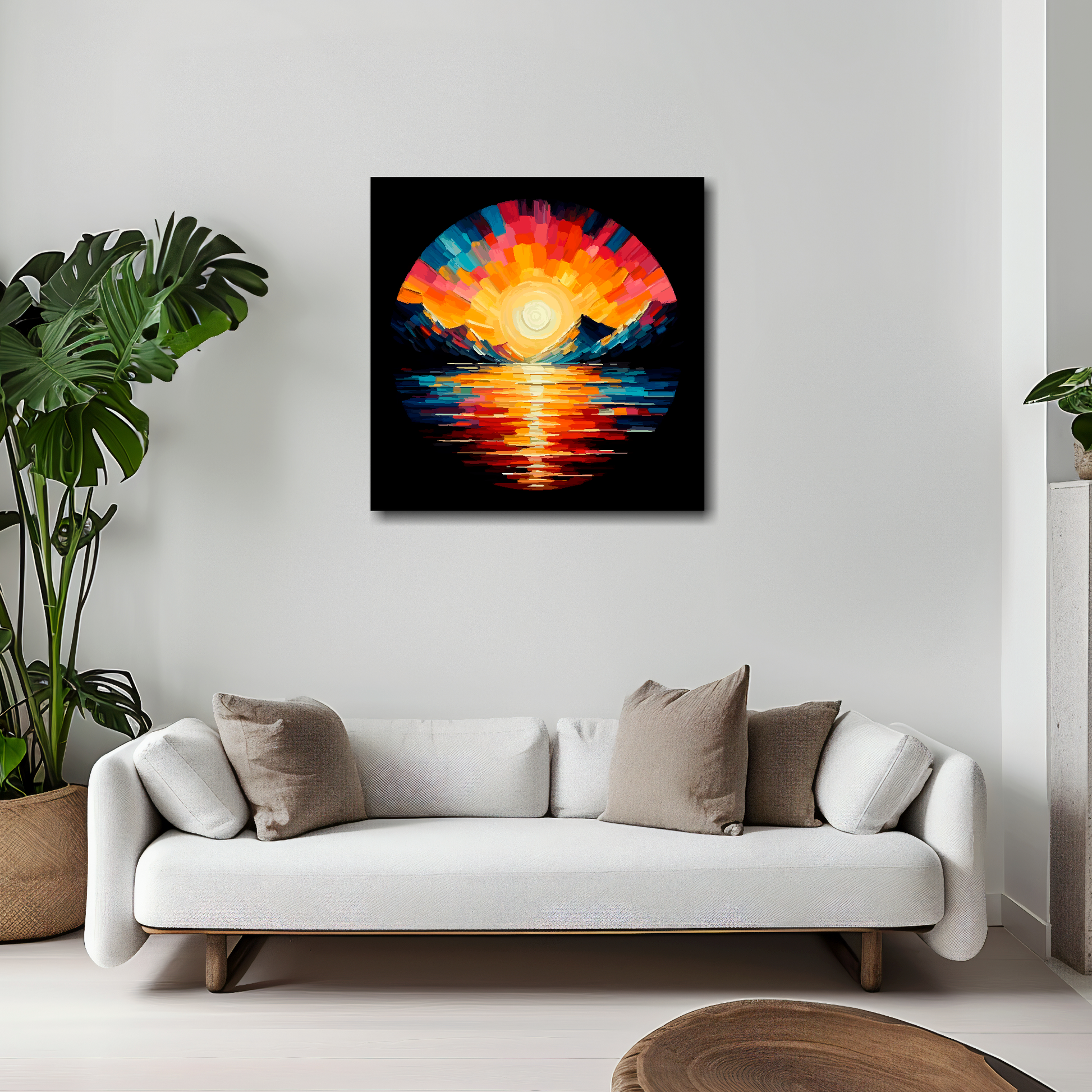 Lake sunset canvas 20x20 inches above white sofa - vibrant landscape wall art UK
