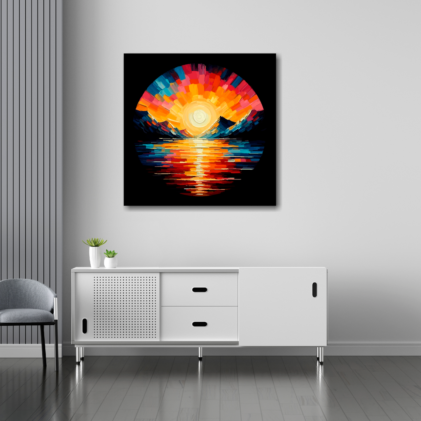 Lake sunset canvas 30x30 inches above sideboard - large colourful landscape art UK made
