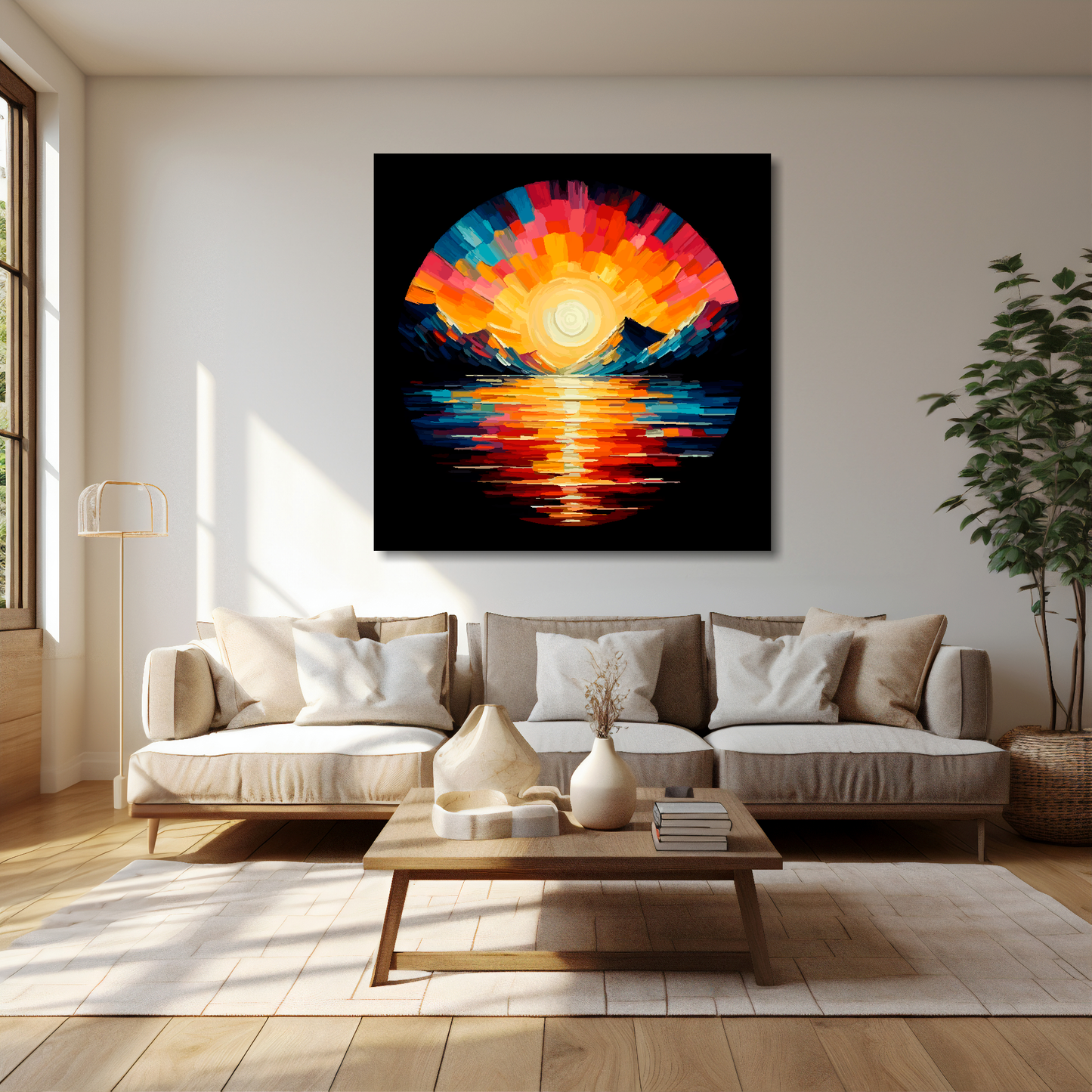 Lake sunset canvas 40x40 inches above cream sofa - XL vibrant landscape wall art UK
