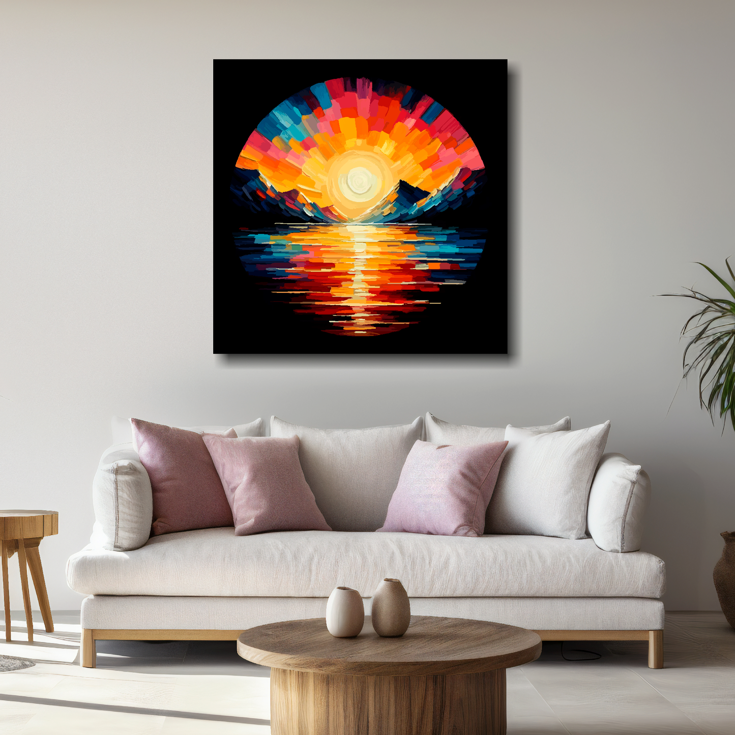 Large lake sunset canvas above white sofa - vibrant abstract landscape wall art UK