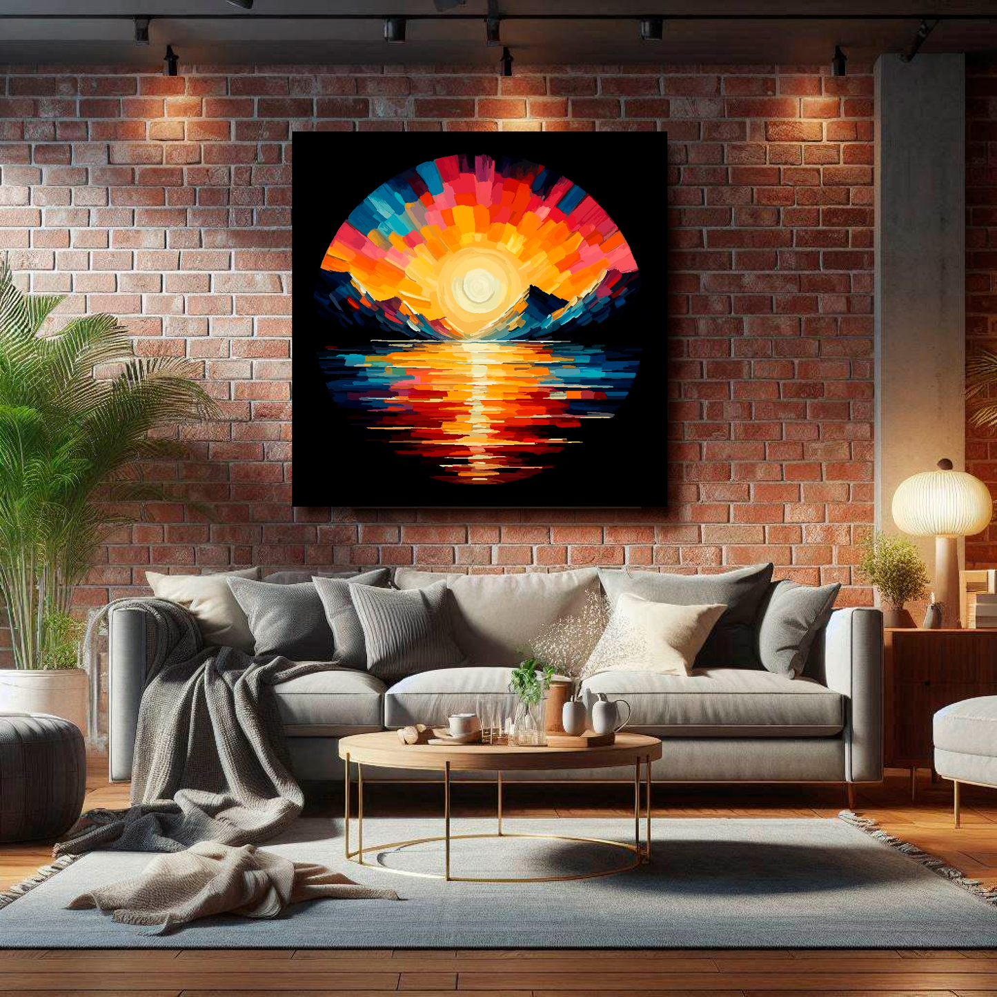 Large lake sunset canvas on brick wall above grey sofa - bold landscape art UK living room