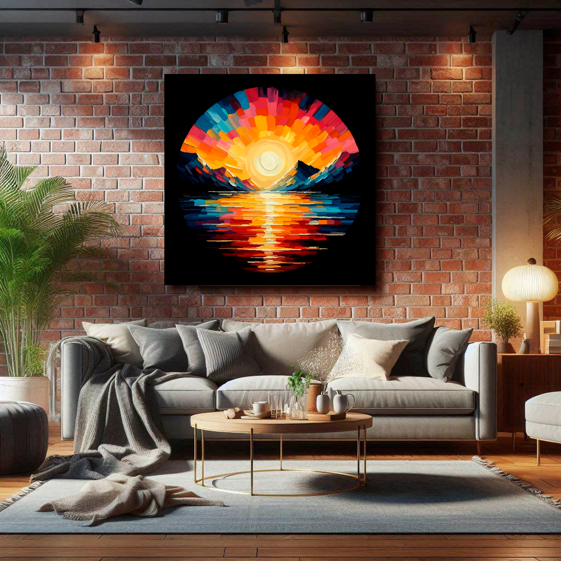 Large lake sunset canvas on brick wall above grey sofa - bold landscape art UK living room