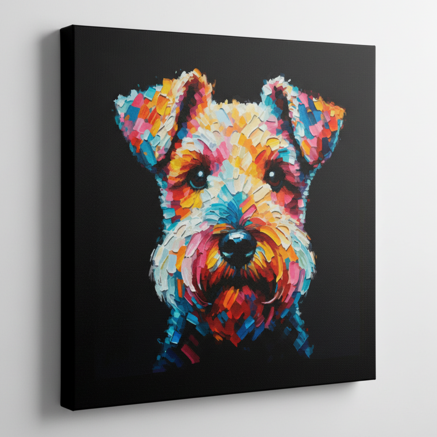 Colourful Lakeland Terrier dog portrait canvas print - UK made abstract pet wall art black background