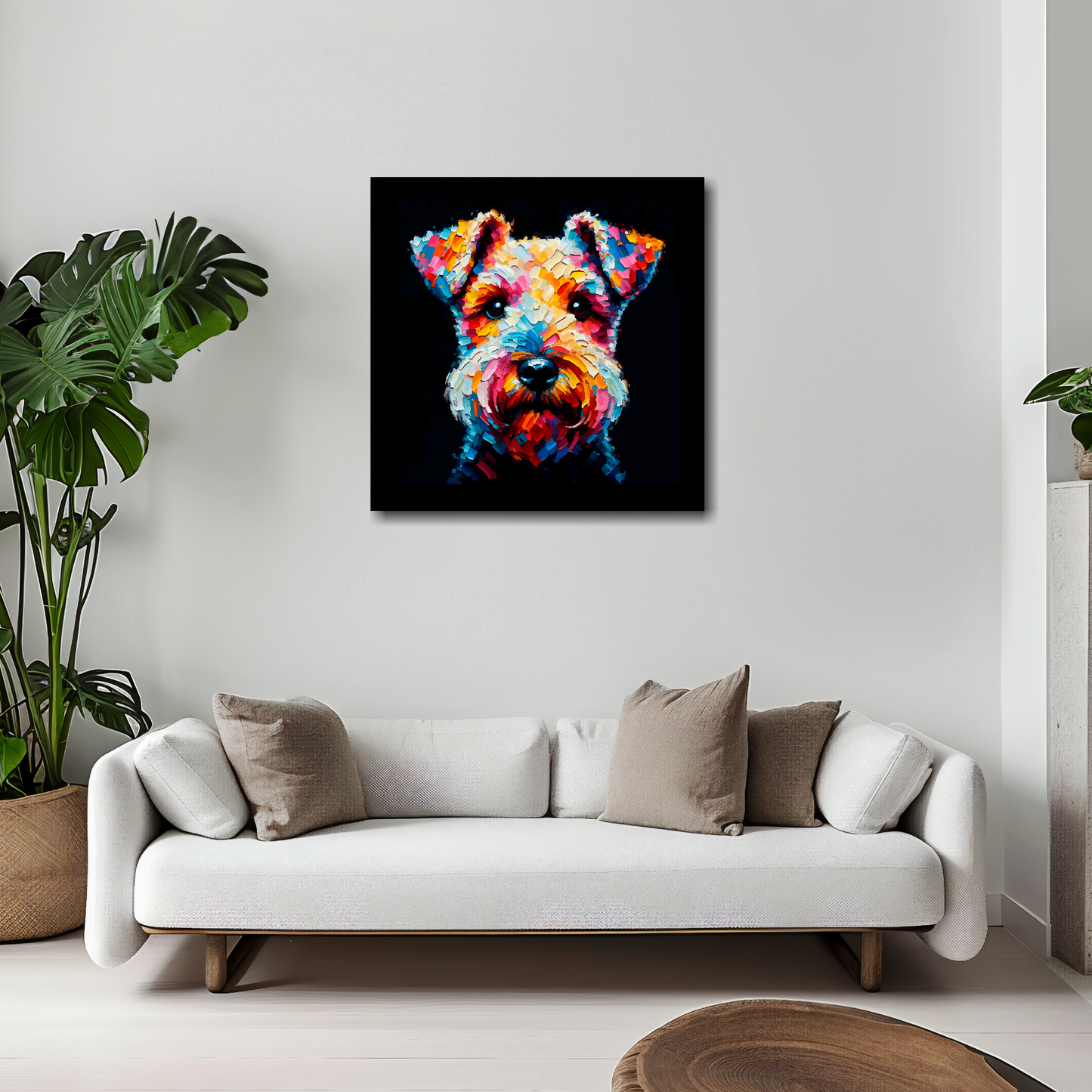 Lakeland Terrier canvas 20x20 inches above white sofa - vibrant dog portrait wall art UK