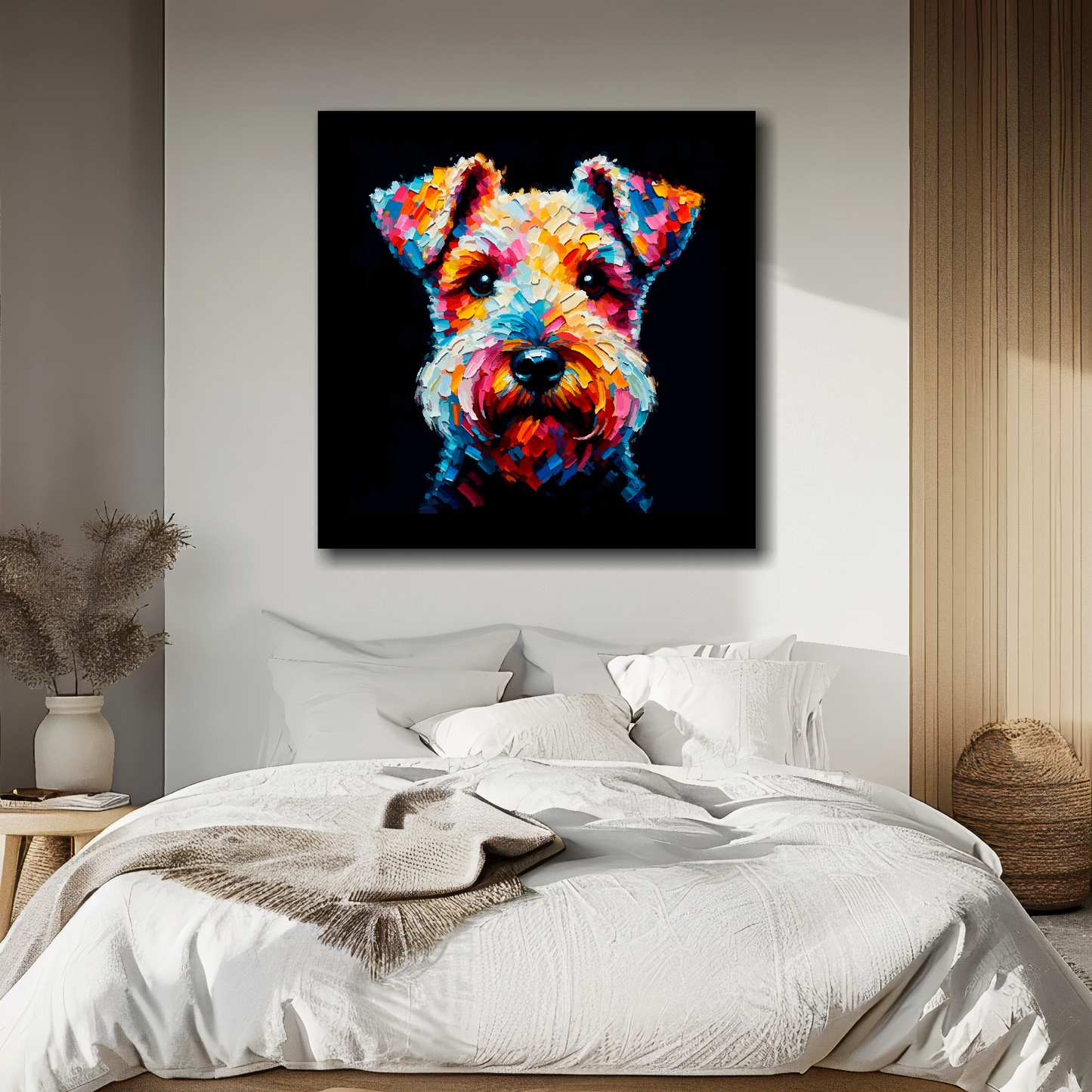 Lakeland Terrier portrait canvas above bed - colourful dog wall decor for UK bedrooms