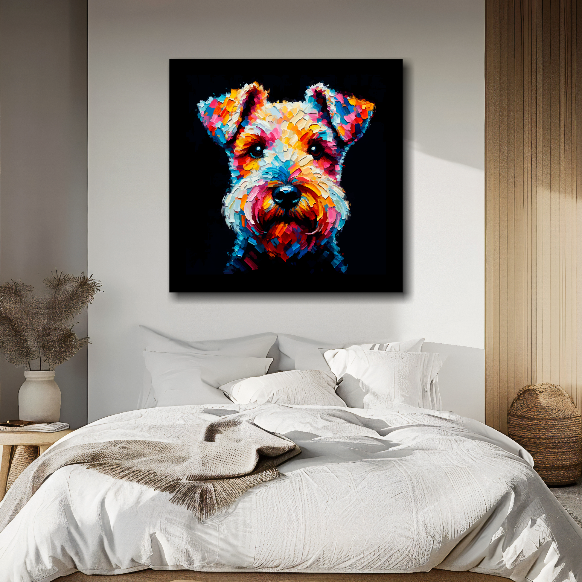 Lakeland Terrier portrait canvas above bed - colourful dog wall decor for UK bedrooms