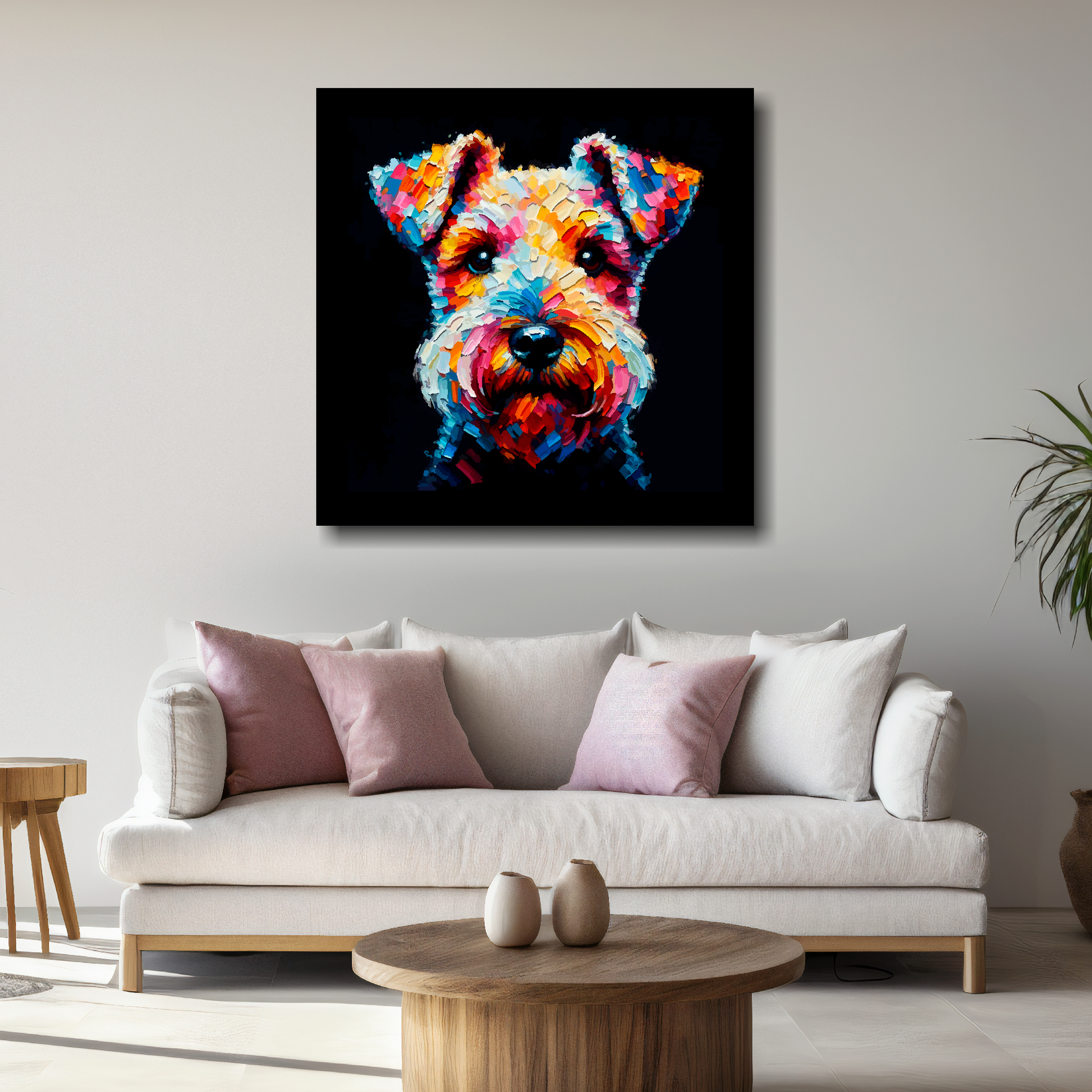 Large Lakeland Terrier canvas above white sofa - vibrant abstract dog portrait wall art UK
