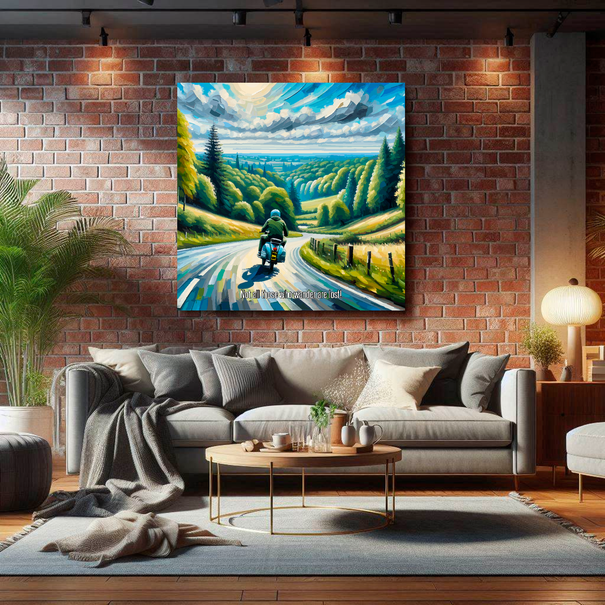 Large Lambretta canvas on brick wall above grey sofa - bold retro art UK living room