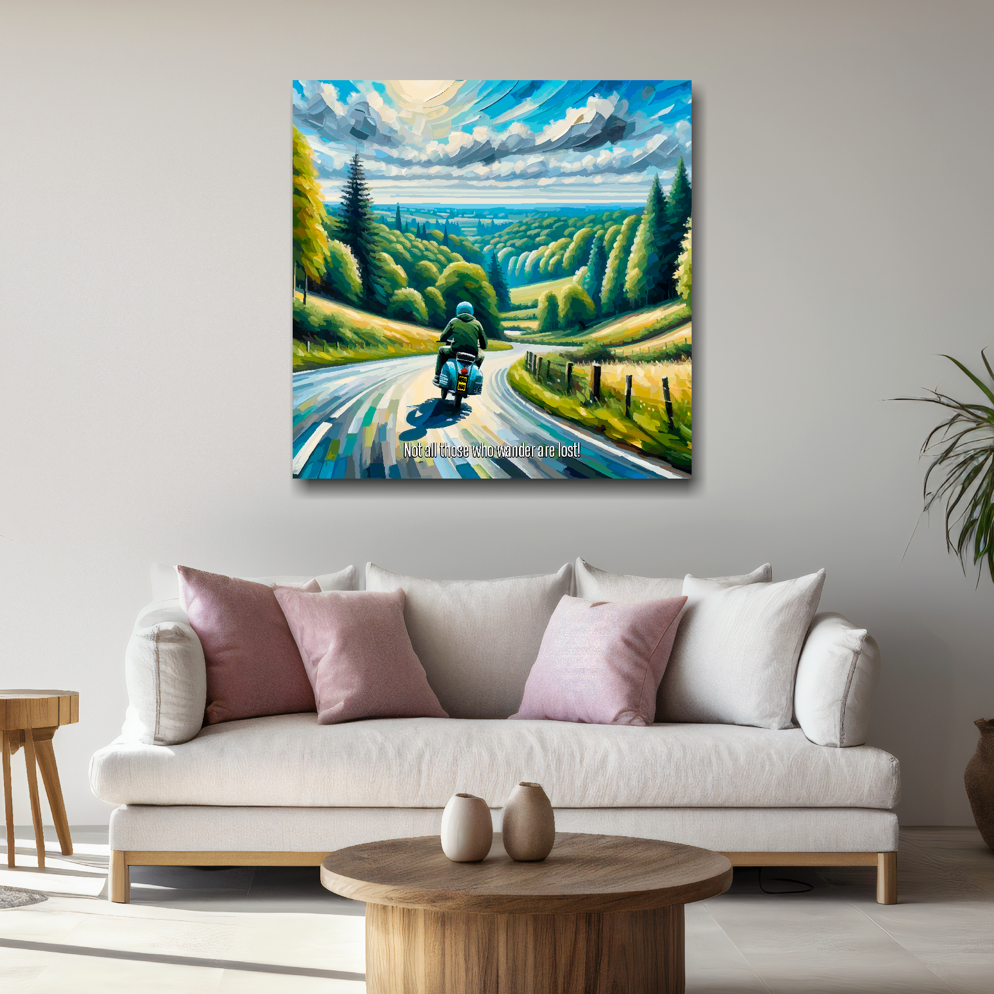 Large Lambretta canvas above white sofa - vibrant abstract retro wall art UK