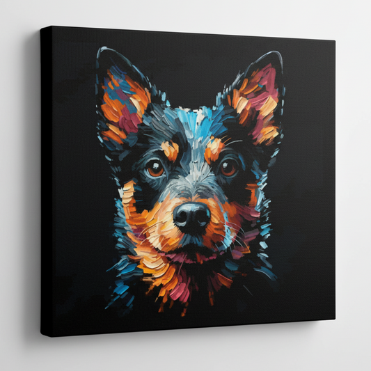Colourful Lancashire Heeler dog portrait canvas print - UK made abstract pet wall art black background
