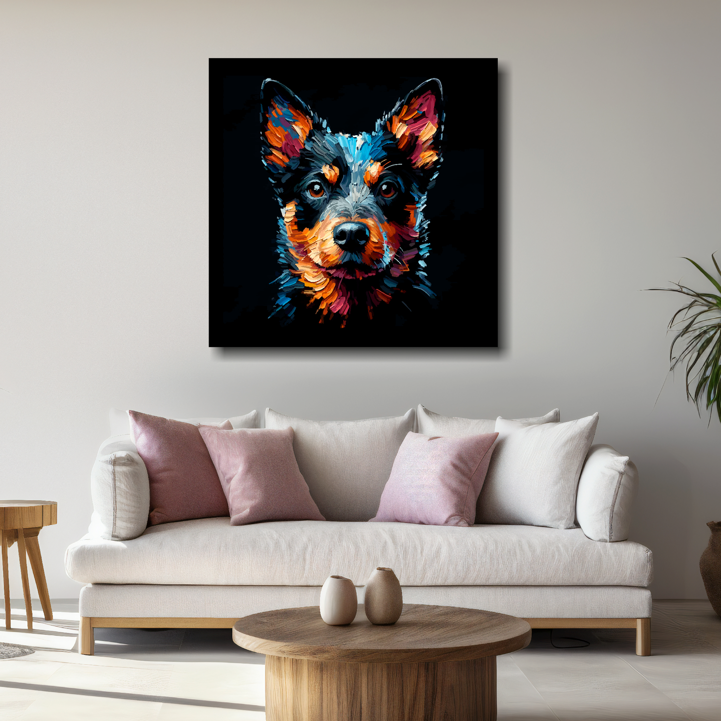 Large Lancashire Heeler canvas above white sofa - vibrant abstract dog portrait wall art UK