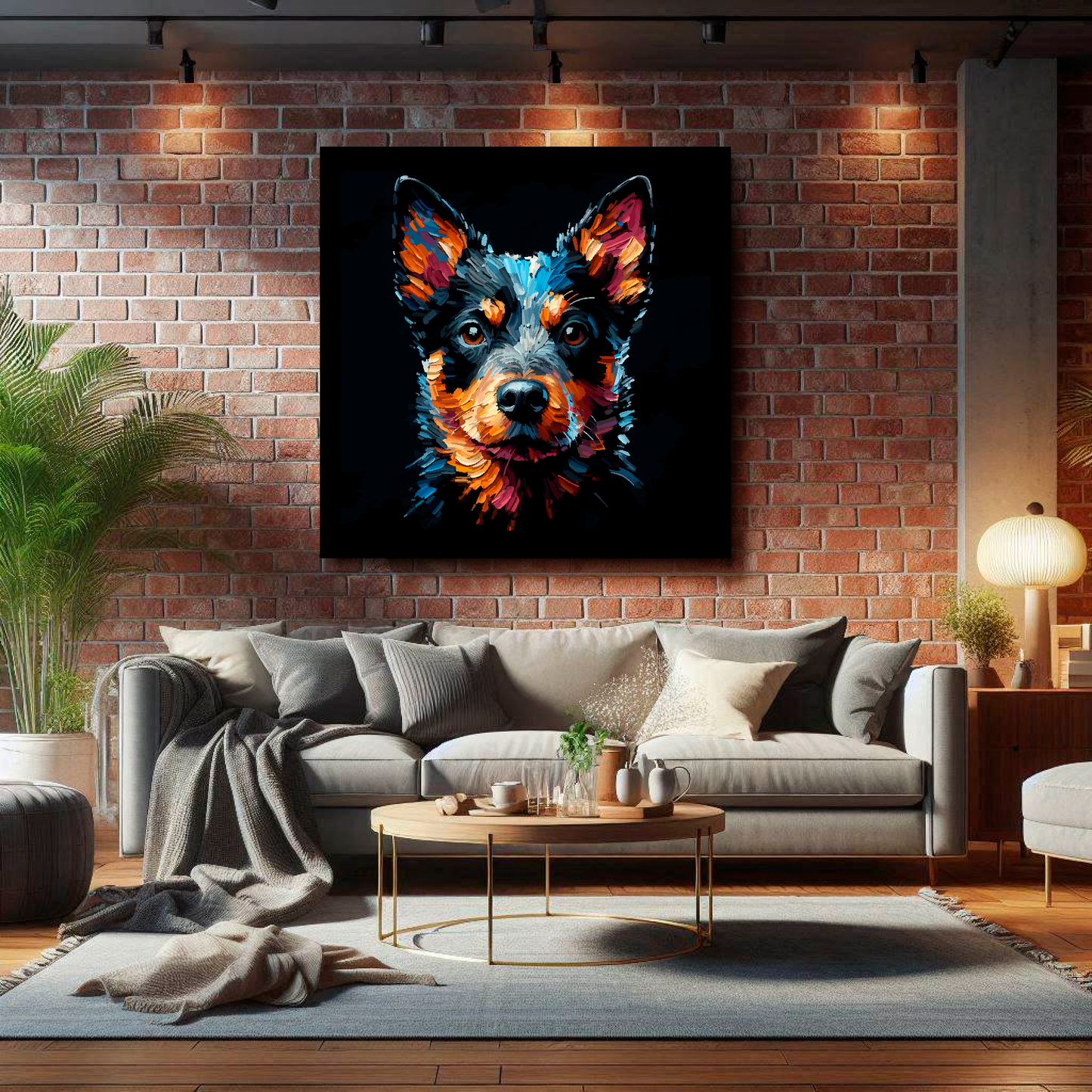Large Lancashire Heeler canvas on brick wall above grey sofa - bold dog portrait UK living room