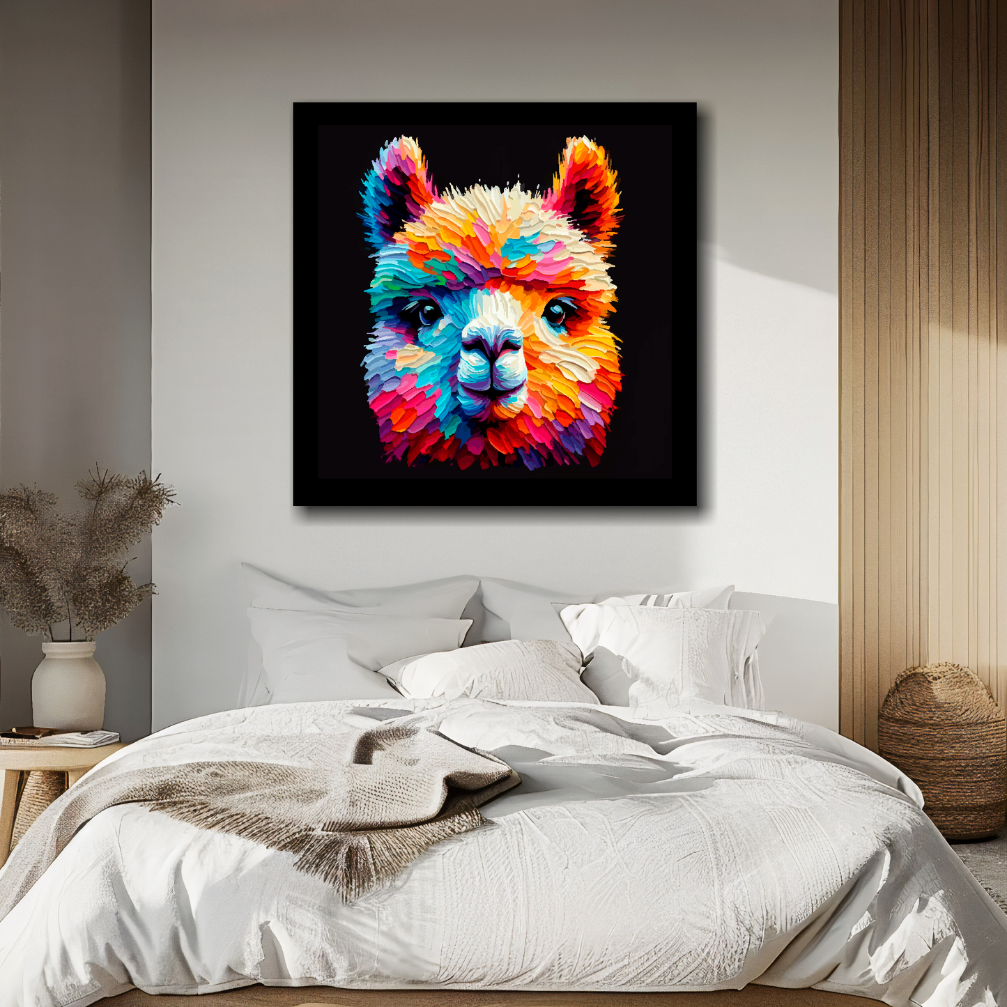Alpaca portrait canvas above bed - colourful farm animal wall decor for UK bedrooms