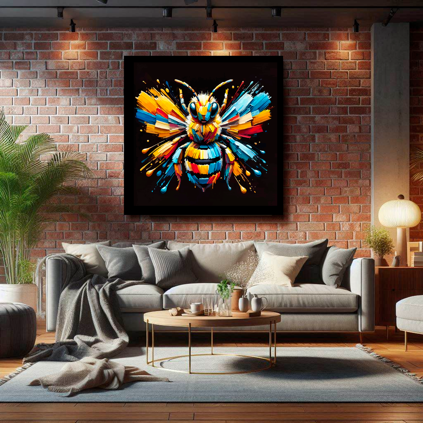 Large Bumble Bee canvas on brick wall above grey sofa - bold insect portrait UK living room