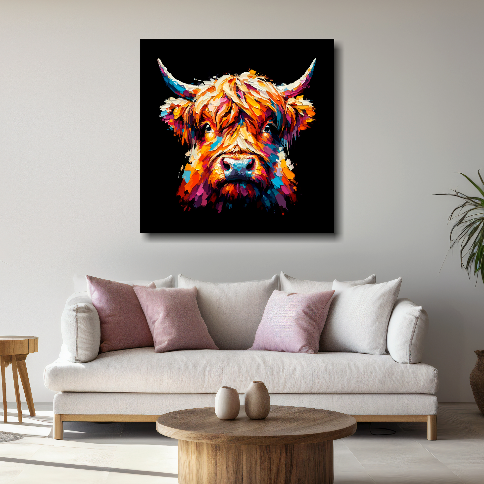 Large Highland Cow canvas above white sofa - vibrant abstract farm animal portrait wall art UK