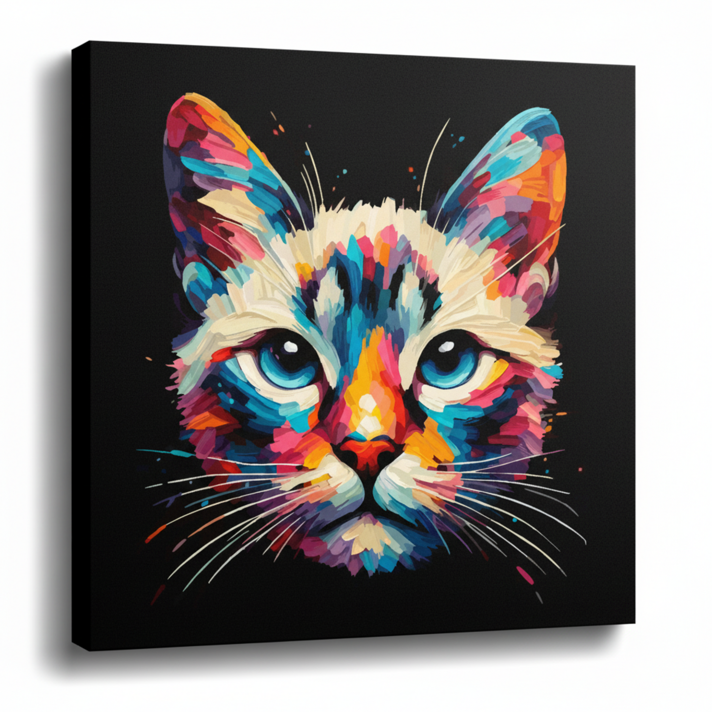 Colourful Asian cat portrait canvas print - UK made abstract pet wall art black background