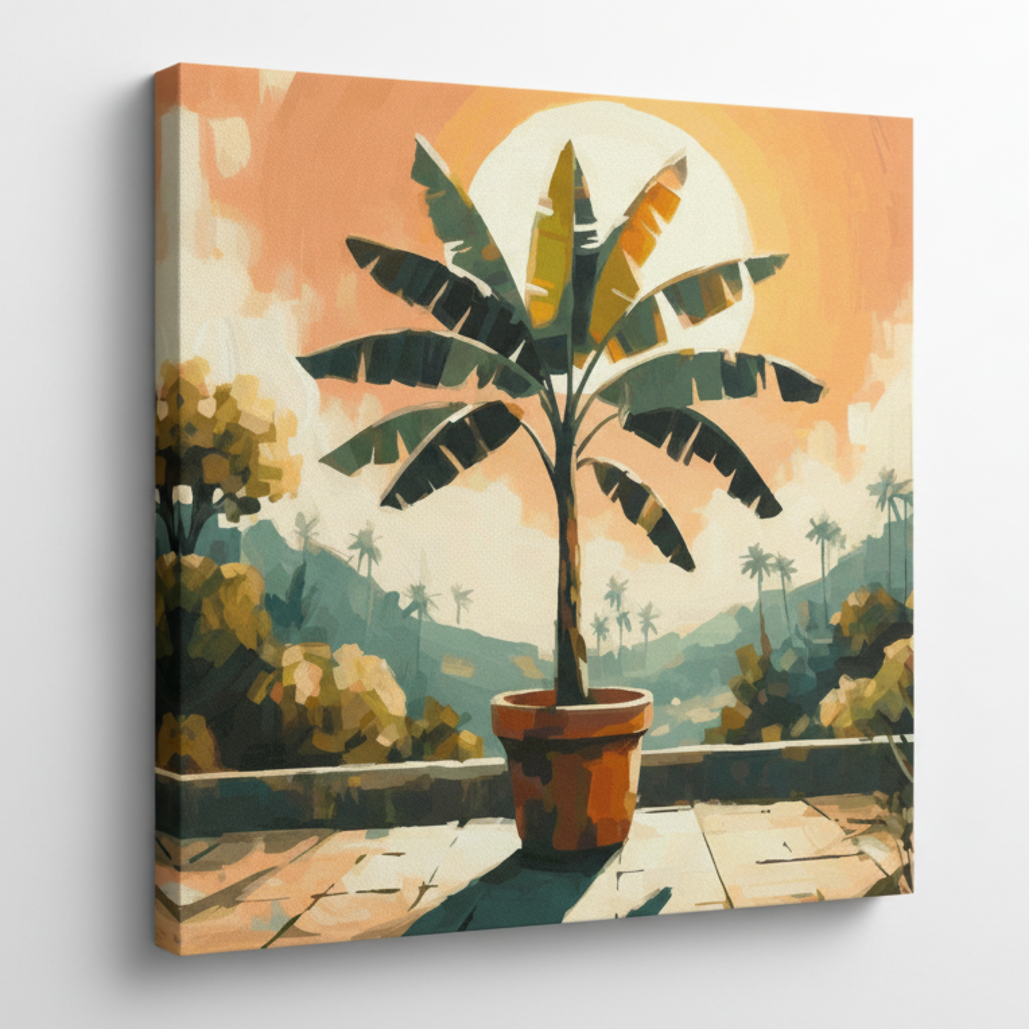 Colourful banana tree landscape canvas print - UK made abstract botanical wall art