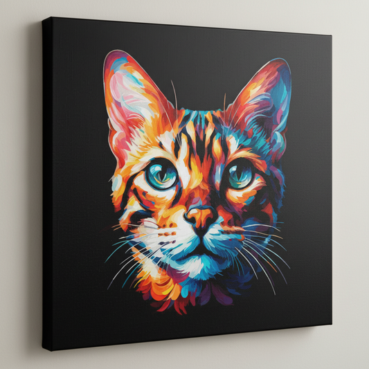 Colourful Bengal cat portrait canvas print - UK made abstract pet wall art black background