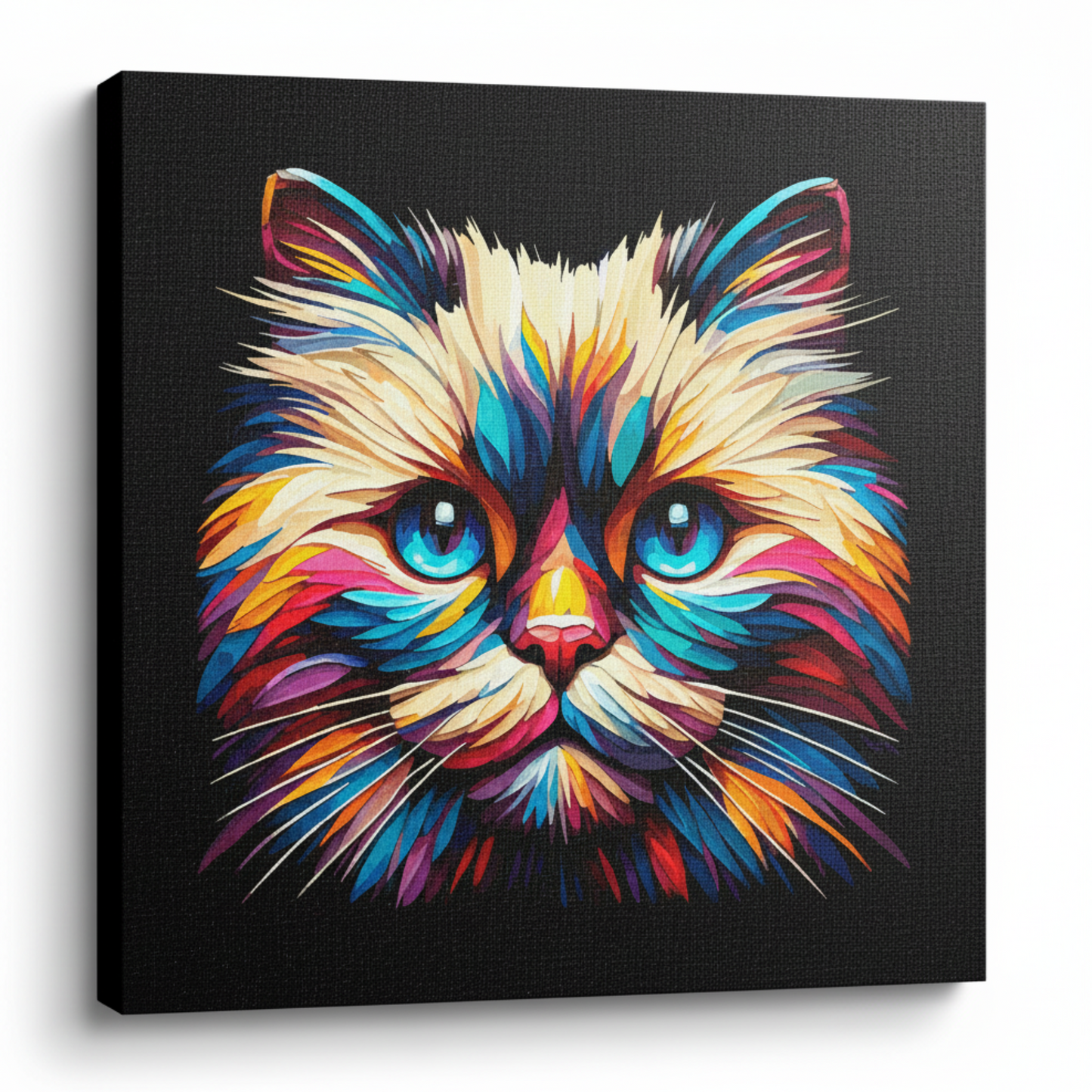 Colourful Birman cat portrait canvas print - UK made abstract pet wall art black background