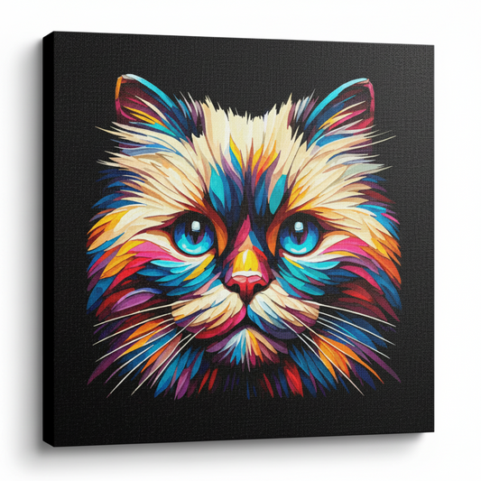 Colourful Birman cat portrait canvas print - UK made abstract pet wall art black background