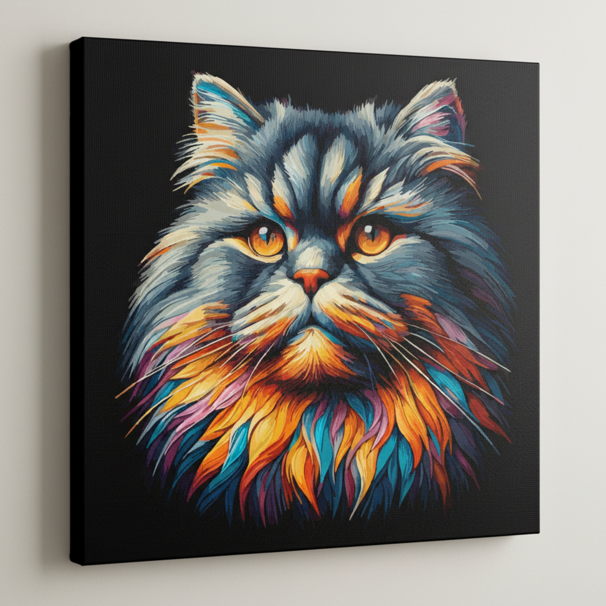 Colourful British Longhair cat portrait canvas print - UK made abstract pet wall art black background