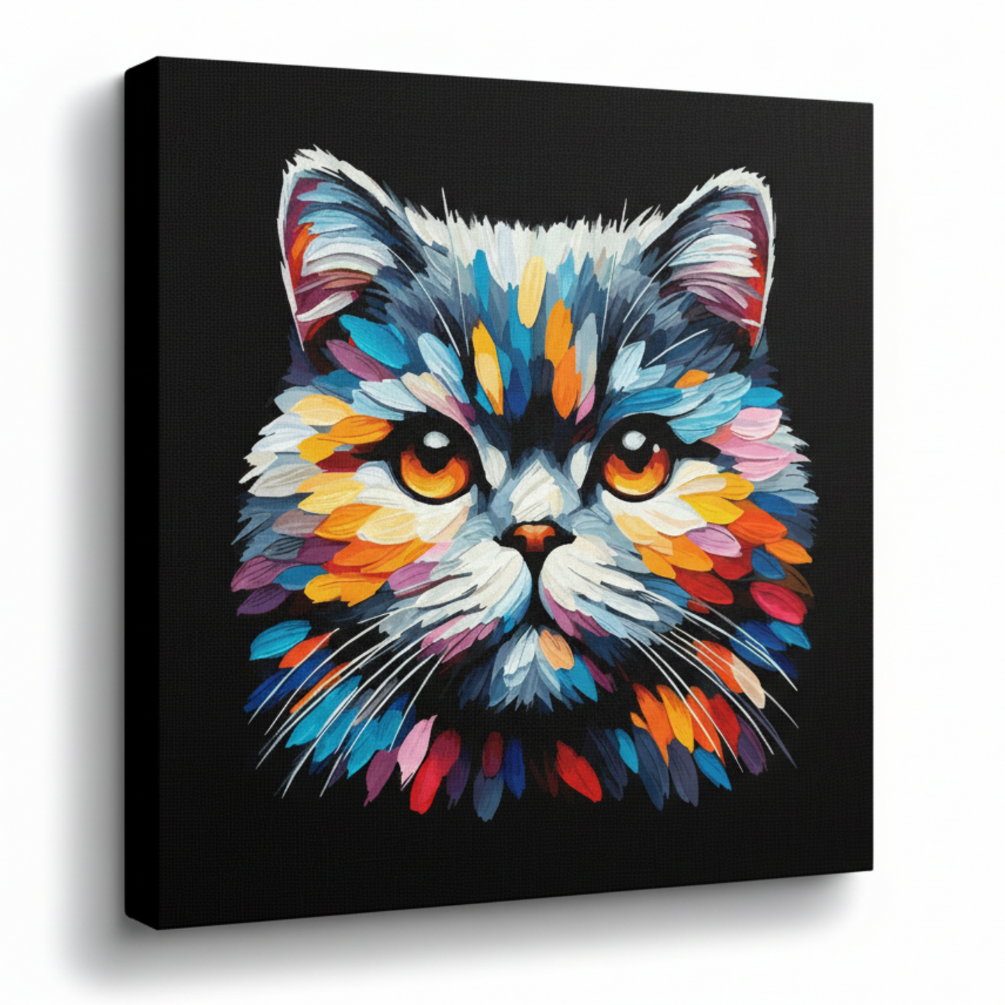 Colourful British Shorthair cat portrait canvas print - UK made abstract pet wall art black background