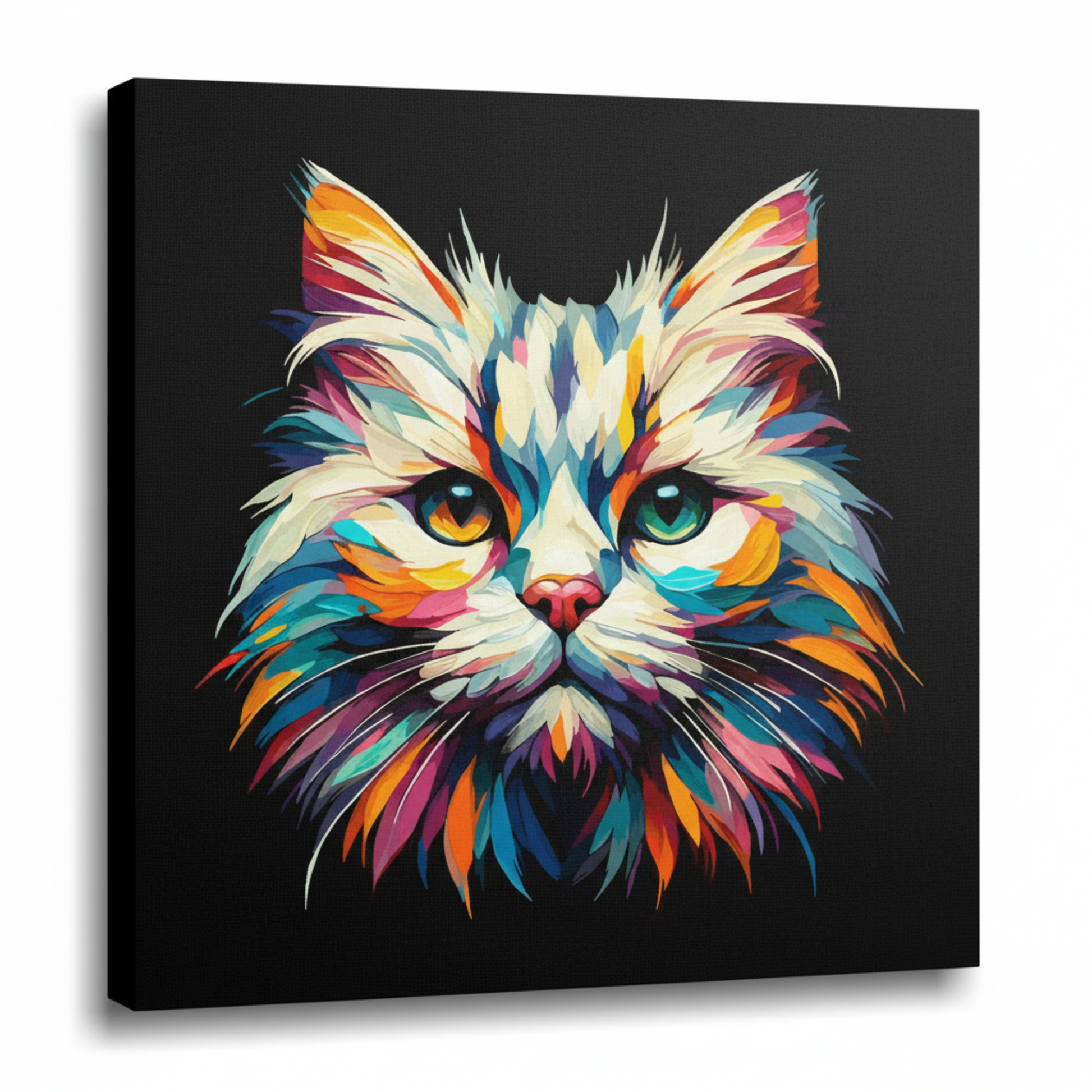 Colourful Burmilla cat portrait canvas print - UK made abstract pet wall art black background