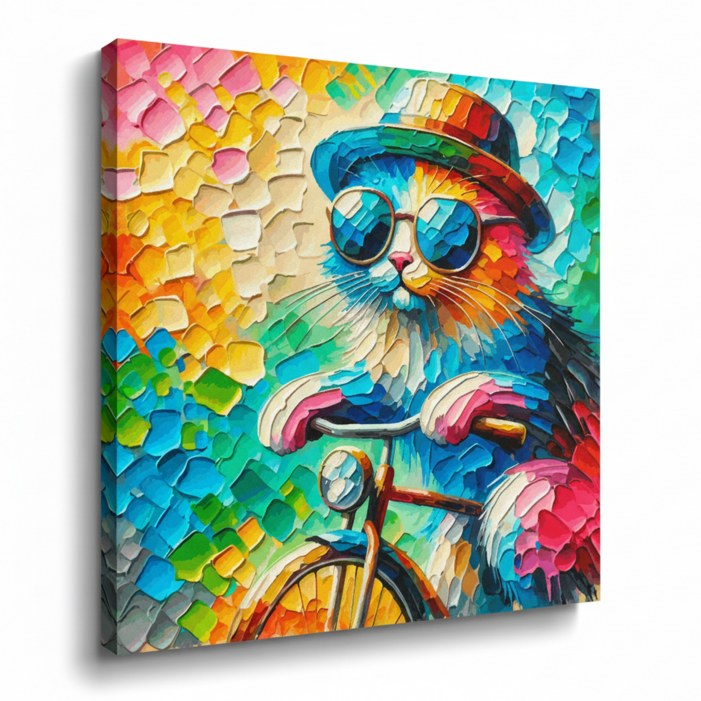 Colourful cat on a bicycle canvas print - UK made abstract whimsical wall art