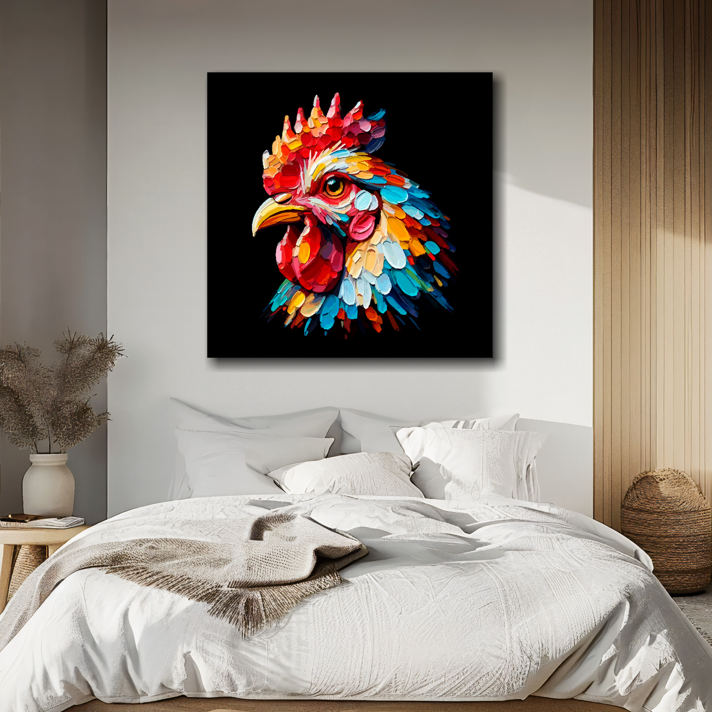 Chicken portrait canvas above bed - colourful farm animal wall decor for UK bedrooms
