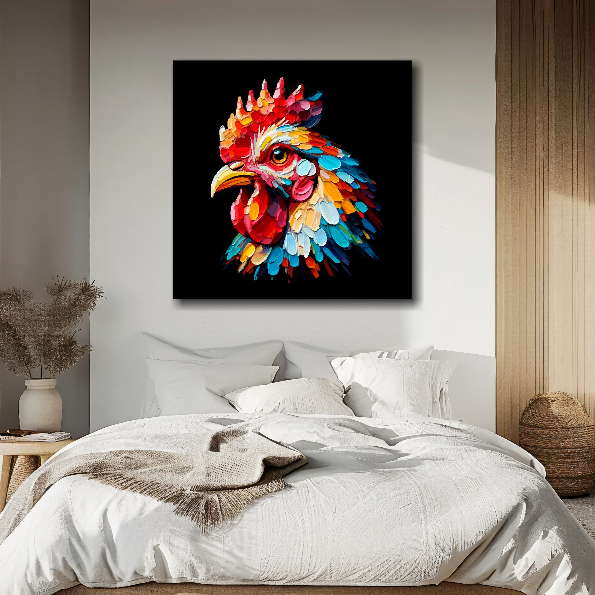 Chicken portrait canvas above bed - colourful farm animal wall decor for UK bedrooms